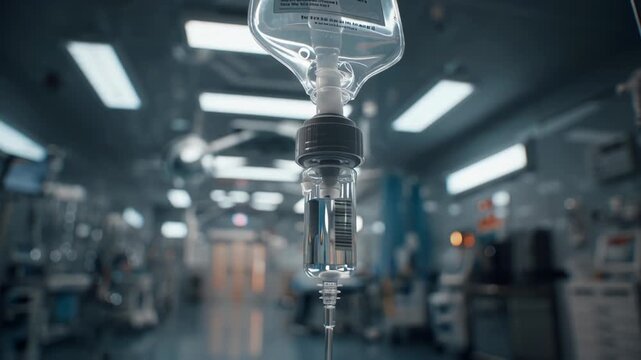 Close-up of intravenous drip in modern hospital setting with blurred background.