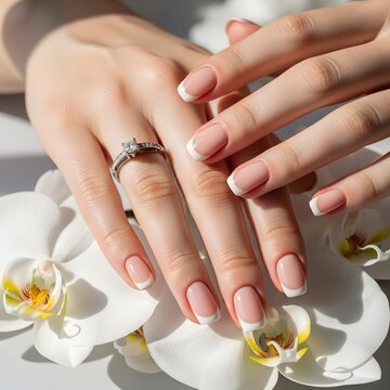 Elegant Hands With French Manicure Ring Close Up