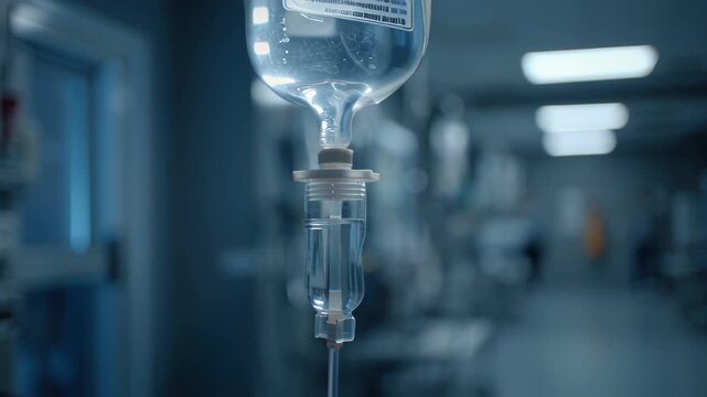 Close-up of intravenous drip in a hospital setting with blurred medical background.