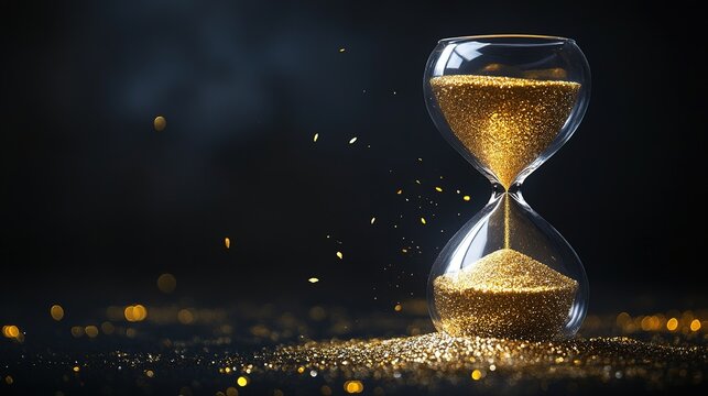 Ephemeral Gold: An hourglass filled with glittering gold sand captures a moment of transience against a dark, elegant background.
