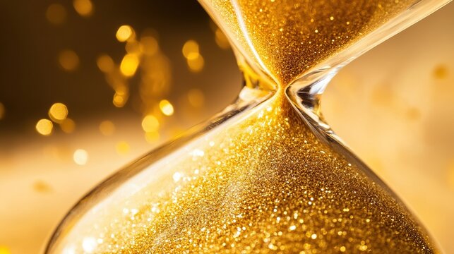 Golden Time's Flow: An hourglass, filled with sparkling golden sand, elegantly displays the passage of time against a backdrop of ethereal light, embodying moments, memories and deadlines.