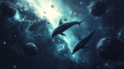 Fototapeta premium Celestial Dolphins: Two dolphins gracefully navigate an ethereal cosmos, surrounded by celestial bodies, blending marine serenity with the mysteries of outer space.
