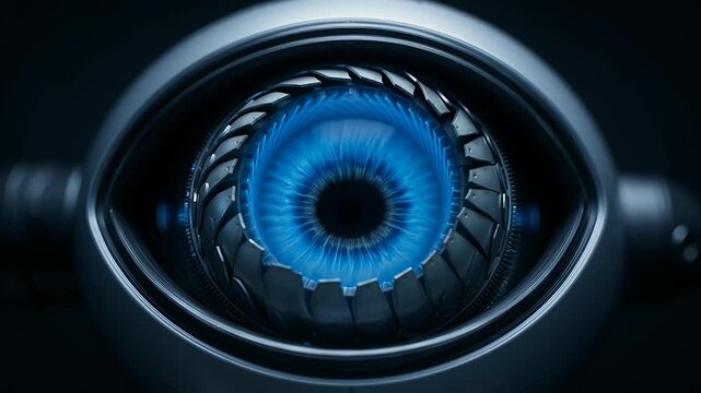 Futuristic robotic eye with intricate mechanical details and glowing blue iris