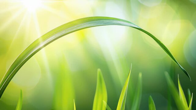 Green Blade's Embrace: An intimate close-up showcases a singular, verdant blade of grass, arched gracefully against a soft, sunlit backdrop, conveying the serenity of nature's simple beauty.