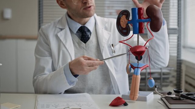 Indoor eye level stab shot of male urologist explaining kidney anatomy to camera using anatomical model during virtual medical appointment, online healthcare consultation in clinic setting