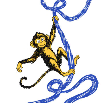 A playful yellow monkey climbing up a thick blue rope in a simple hand drawn illustration style Vector, illustration