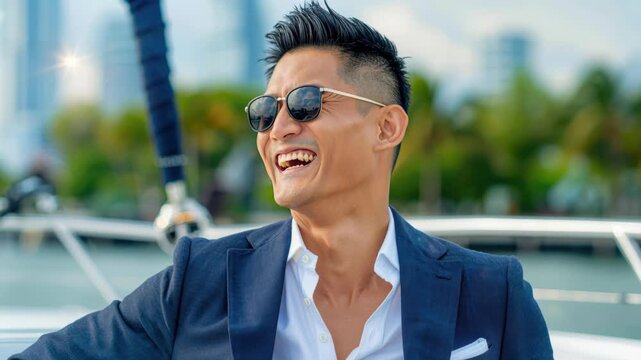 Seafaring Sophistication: A stylish individual, exuding confidence in sunglasses, smiles genuinely against the backdrop of an elegant yacht and scenic coastal environment.