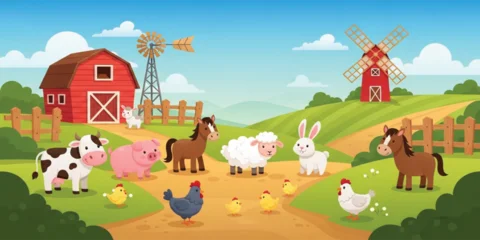 Poster Boerderij Cute Farm Animals Cartoon Landscape with Barn Windmill Cow Pig Horse Sheep Chicken and Rabbit in Rural Countryside Scene Illustration  © Nazrul