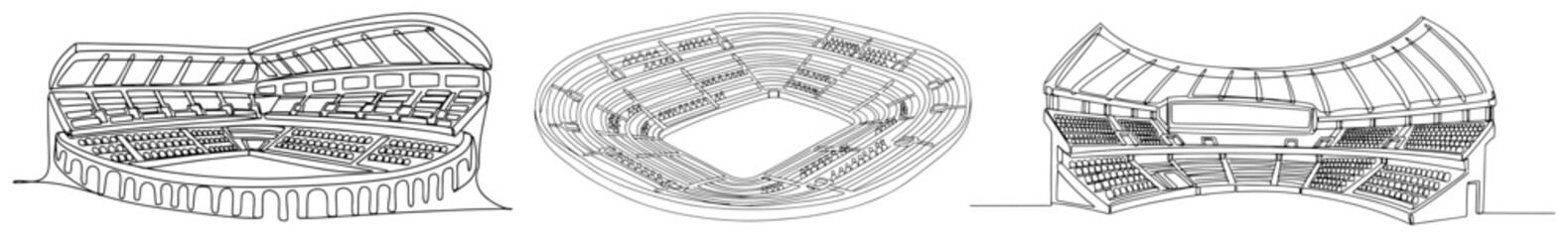 Obraz premium Set of three minimalist stadium perspectives in continuous line art