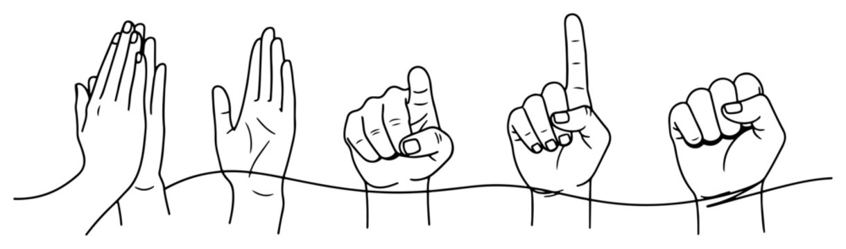 Continuous line drawing of various hand gestures showing clapping pointing and a fist