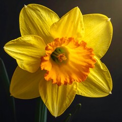 Close-up of a vibrant daffodil, yellow petals, orange corona, dark background