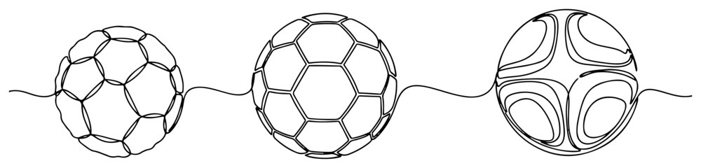 Fototapeta premium Continuous line drawing of three soccer balls with different designs