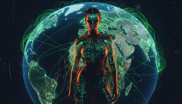 A stylized representation of Earth enveloped in a web of glowing orange data lines and nodes, illustrating global communication and big data exchange, futuristic illustration.