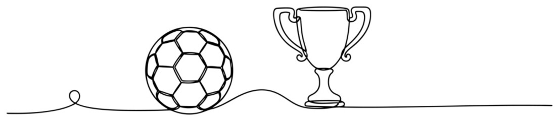 Obraz premium Continuous line drawing of soccer ball and winner trophy cup award