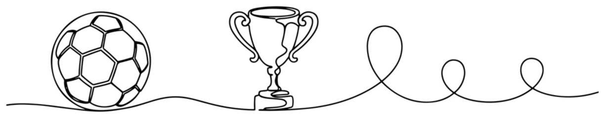 Fototapeta premium Minimalist one line drawing of soccer ball trophy and decorative swirls