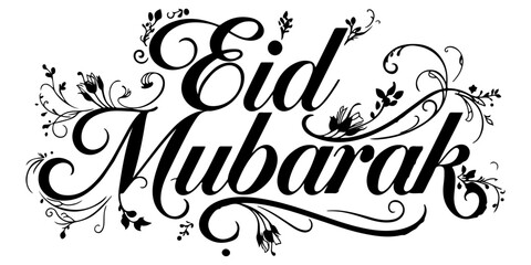 Eid Mubarak calligraphy text in elegant black script font isolated on white background  minimalist religious greeting for Eid al-Fitr and Eid al-Adha festivals, holiday vector illustration. © Juairia