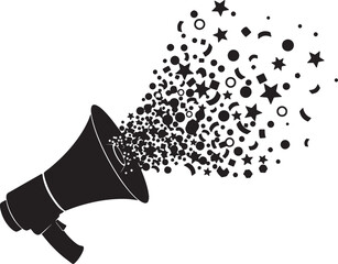 A megaphone dispersing abstract shapes including stars and circles, creating an effect of celebration or announcement