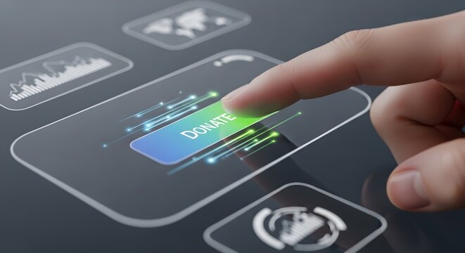 Hand pressing donate button on digital interface with glowing effect, online charity and giving concept