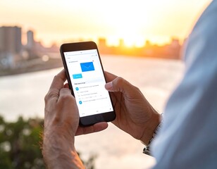 Close-up view of hands holding a smartphone, overlooking a cityscape
