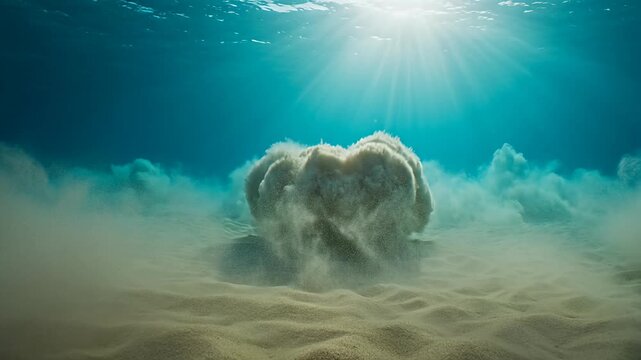 Underwater spectacle featuring sunlight streaming down and stirring up sandy clouds