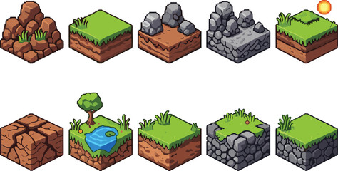 Isometric pixel art landscape terrain tiles featuring grass dirt rock mountains desert cracked earth and water pond for retro video game world building. © MDFiroj