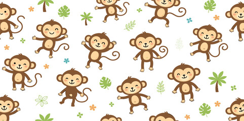 Obraz premium Cute Monkey Seamless Pattern with Tropical Leaves and Flowers Cartoon Background for Kids Nursery Decor, Textile Fabric Print, Wrapping Paper, and Wallpaper Design