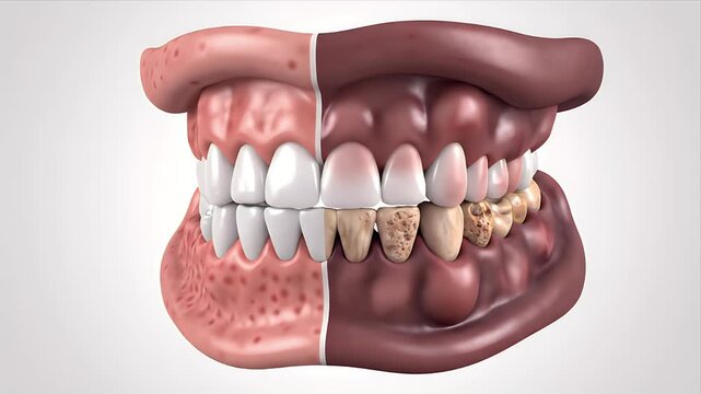 Comparative CGI Rendering of Dental Health Stages with Healthy and Diseased Gums and Teeth