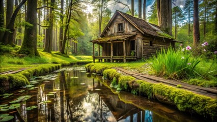 Obraz premium A photo of a dilapidated swamp house surrounded by towering trees and lush grass Muddy water flows through cracks in the foundation, moss hangs from