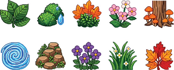 Retro pixel art nature icon set featuring forest elements like autumn leaves flowers bushes mushrooms tree trunks and water swirls for game design © MDFiroj