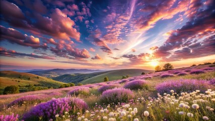 Obraz premium A photo of a tranquil purple landscape with fluffy white clouds floating gracefully across the sky, surrounded by rolling hills and wildflowers in v