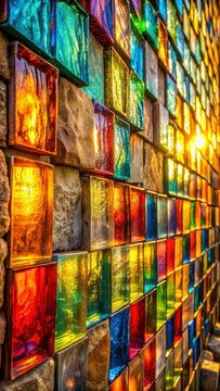 A photo of colorful glass squares on a stone wall, creating an abstract sunlit mosaic art The glass squares reflect the sunlight in vibrant hues, cas