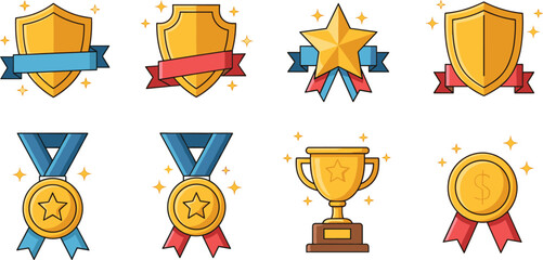 Achievement award icons set, gold shield badge, star medal trophy cup, victory reward symbols, success champion vector illustration