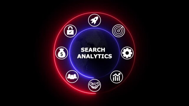 Search analytics dashboard with glowing icons and digital data visualization on dark background