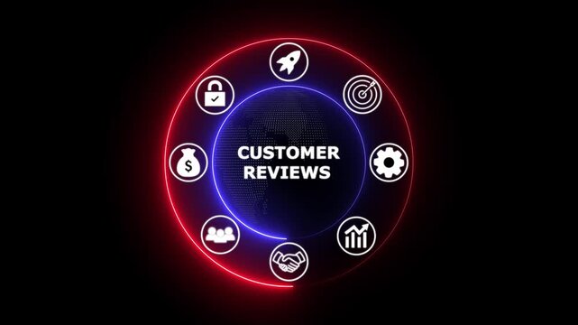 Customer Reviews Feedback Ratings Concept with Glowing Icons on Dark Background