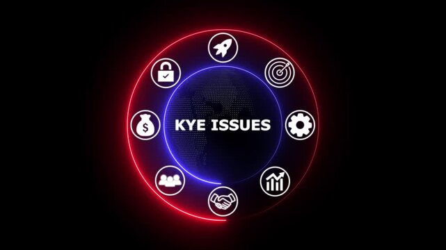KYC verification issues concept with glowing icons on dark futuristic background