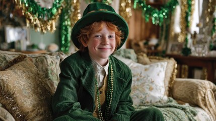 A smiling red-haired little boy in a green suit and leprechaun hat sits on a sofa in a living room decorated with garlands for the holiday. Celebrate St. Patrick's Day at home