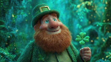 A smiling man with a red beard, wearing a green hat and green suit, holds a four-leaf clover in a magical forest. Illustration with a St. Patrick's Day concept