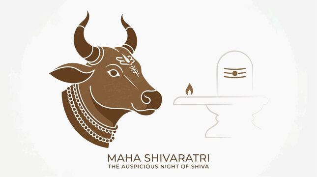 Vector illustration of Nandi bull facing Shiva linga on Maha Shivaratri, symbolizing devotion and spirituality in Hindu tradition