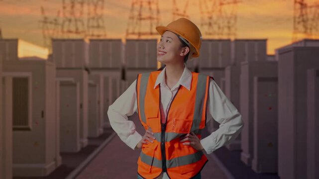 Asian Female Engineer Wearing Safety Helmet Looking Around While Standing With Arms Akimbo with High Voltage Power Transmission Towers