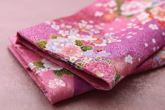 Detalhe de tecido japon&ecirc;s dobrado em tons de rosa vibrante com estampa floral tradicional de pe&ocirc;nias e flores de cerejeira.
