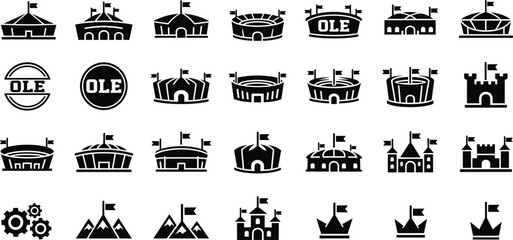 Arena stadium and castle icon collection with flags sports venues architecture symbols flat black silhouette vector set © MdAnoar