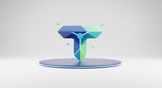 3d geometric shape t letterform on circular platform with blue green gradient lighting effects