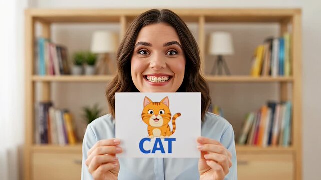 Enthusiastic teacher uses a flashcard to teach the word cat to children