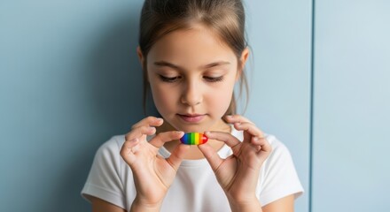 Naklejka premium A young girl holding colored pills in her hands