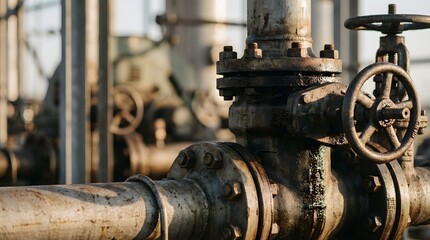 Fototapeta premium Close-up of weathered industrial oil drilling equipment featuring steel pipes, heavy bolts, and valves. Abstract metallic texture background with natural sunlight and shallow depth of field.