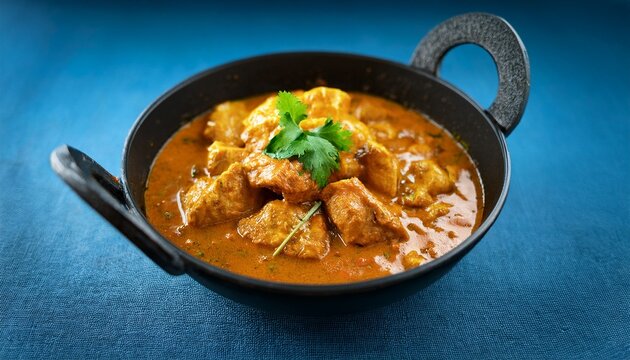 transparent of traditional chicken curry featuring tender pieces in a rich flavorful sauce garnished with fresh herbs and a green chili served in a black kadai