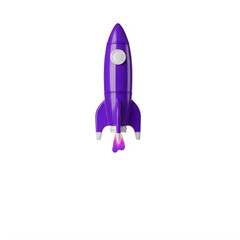 Obraz premium A purple toy rocket with flames coming out of the bottom isolated on transparent background