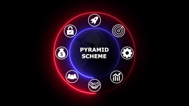 Pyramid scheme fraud concept with glowing icons on dark background for business scam warning