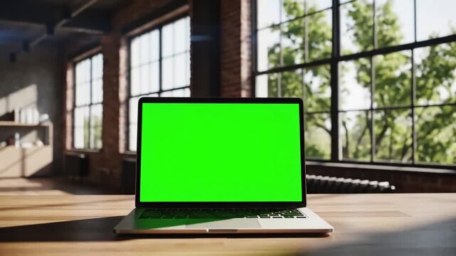 Green Screen laptop with blank static footage trees swaying or moving in the wind home interior loft office background 4k 24fps uhd loop video scene 4 distortion, overlay, glitch, noise, scan lines on