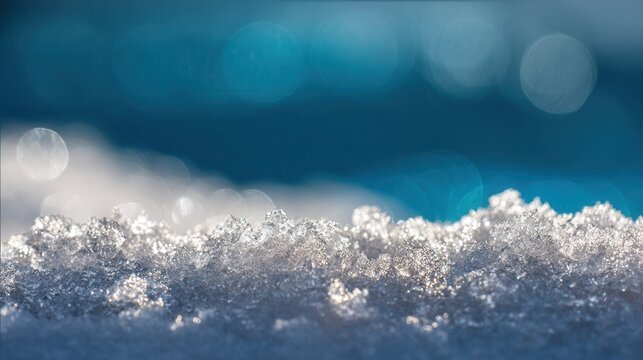 Primeiro plano de borda de neve cristalizada com fundo azul turquesa desfocado e efeito bokeh